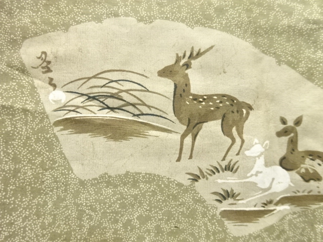  アンティーク　破れ地紙に鹿・案山子模様肩裏紋付羽二重男物羽織